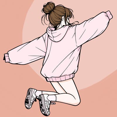 realistic girl jumping with a bun and oversized sweatshirt