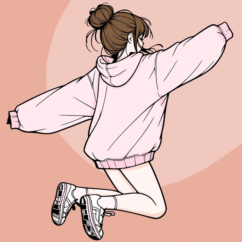 realistic girl jumping with a bun and oversized sweatshirt