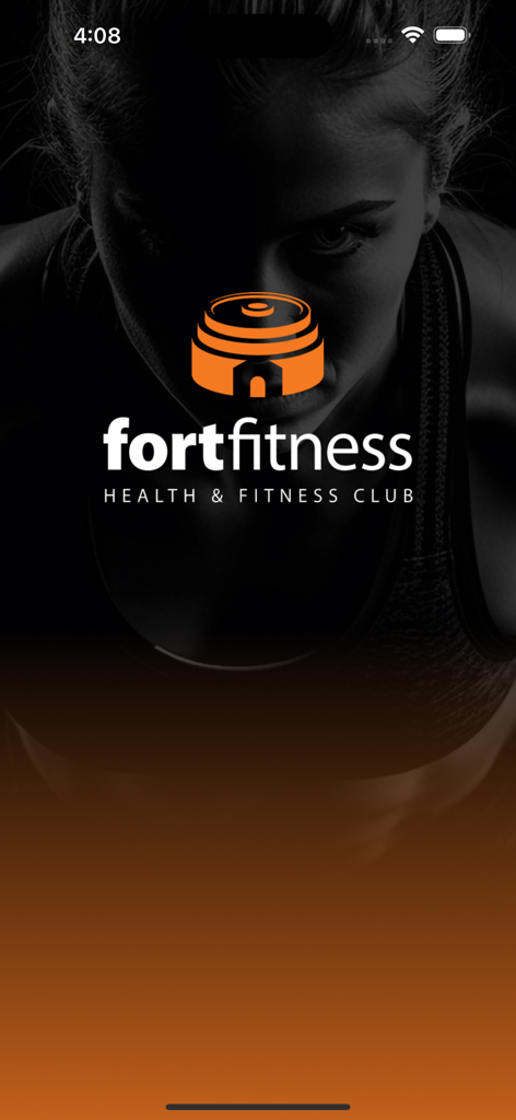 Pantalla de presentación de la aplicación Fort Fitness Gym con logo naranja y fondo oscuro