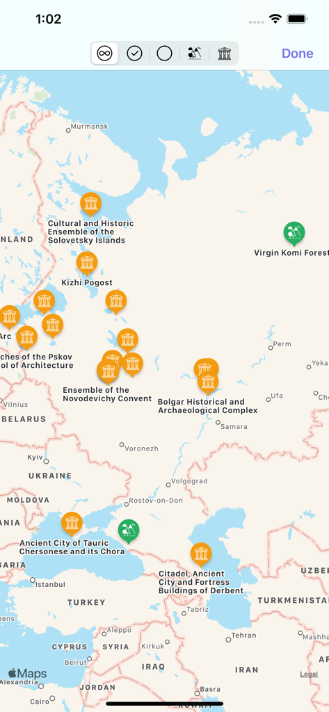 Map view displaying UNESCO World Heritage sites and historic landmarks pinned across various regions of Russia