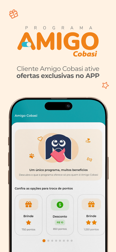Cobasi: pet shop online - Interfaccia dell'app Cobasi che mostra il programma fedeltà Amigo dove gli utenti possono scambiare punti per regali e sconti