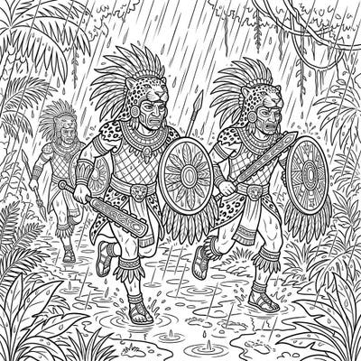 Experience the power of Aztec Jaguar Warriors as they navigate a rainy jungle in this captivating coloring page. Dynamic poses, intricate armor, and a dramatic storm make for an exciting artistic challenge.