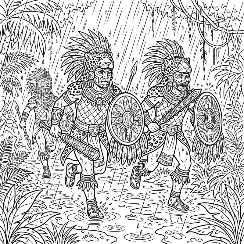 Experience the power of Aztec Jaguar Warriors as they navigate a rainy jungle in this captivating coloring page. Dynamic poses, intricate armor, and a dramatic storm make for an exciting artistic challenge.