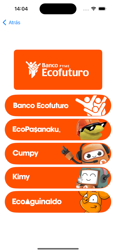 econet - Menu principal da aplicação econet do Banco Ecofuturo, mostrando várias opções de serviços bancários e mascotes em botões cor de laranja