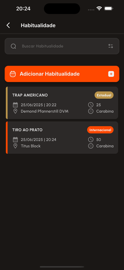 MyShooting - MyShooting app dashboard showing a list of recorded shooting activities and competitions with dates and locations