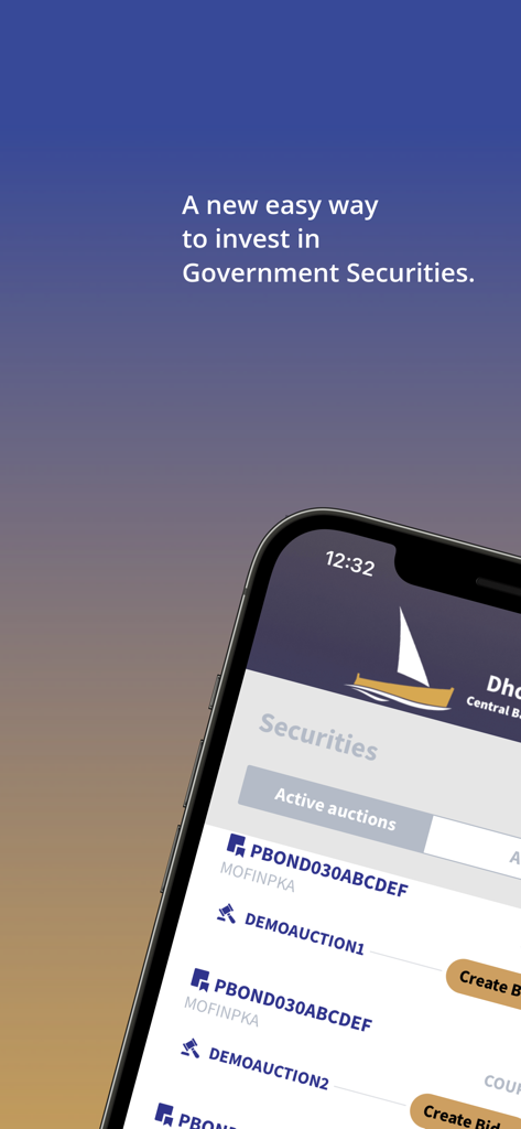 DhowCSD - DhowCSD mobile app interface displaying active government bond auctions and investment options.