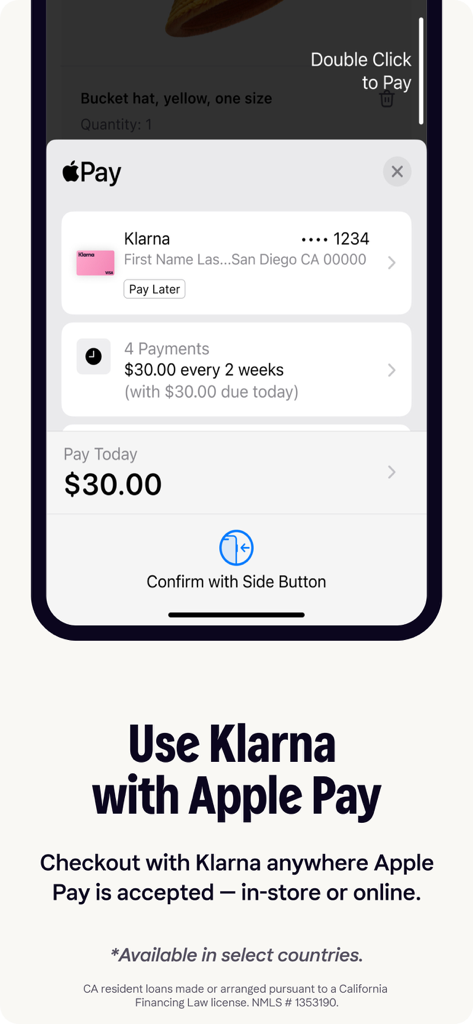 Interface showing Klarna payment plan options integrated with Apple Pay for a mobile checkout