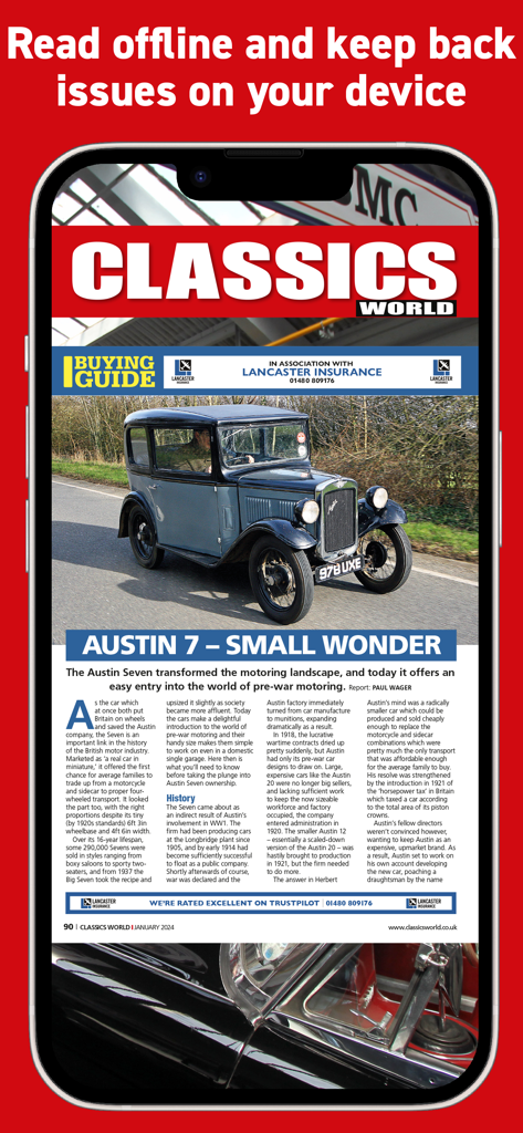 Classics World Magazine - Digital magazine page showing a buying guide for the Austin 7 classic car on a mobile device