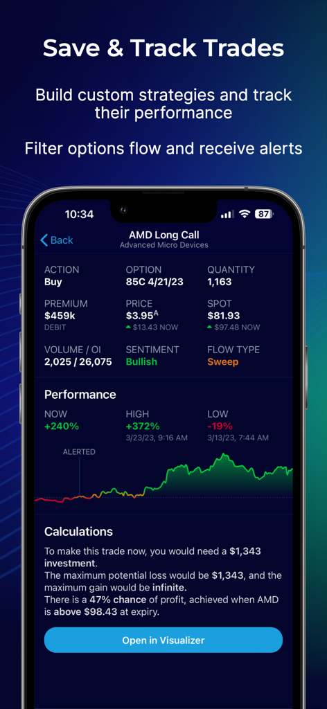 OptionStrat: Options Toolkit - AMD 롱 콜 옵션 성과 및 계산 추적을 위한 OptionStrat 모바일 인터페이스