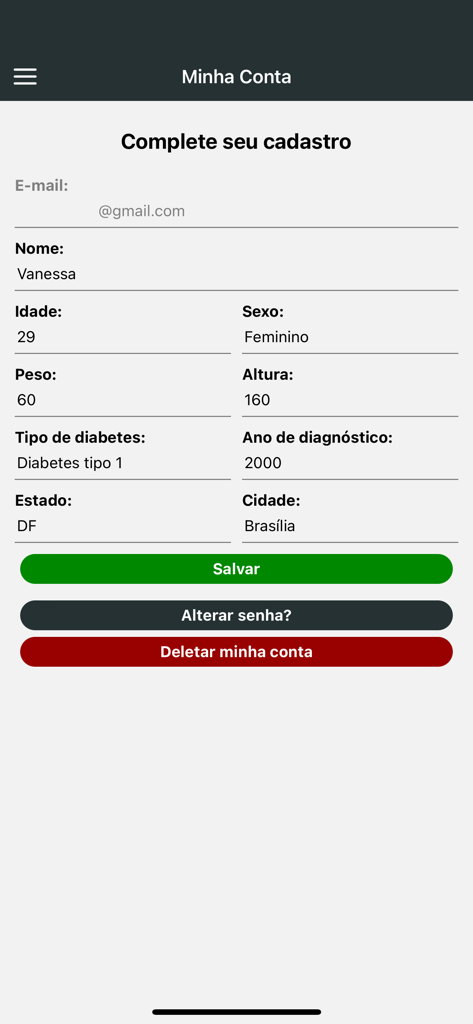 User profile and account settings screen in the Insulin Calculator app