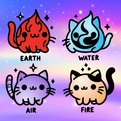 4 cats that represent the different elements, earth, water, air, and fire