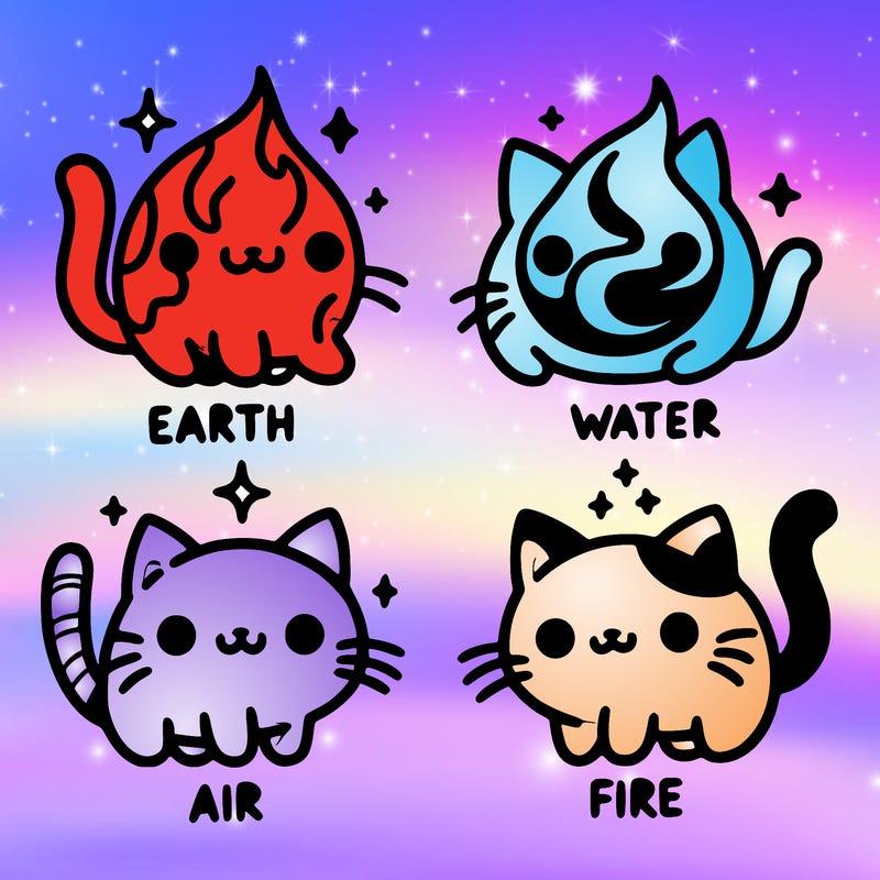 4 cats that represent the different elements, earth, water, air, and fire