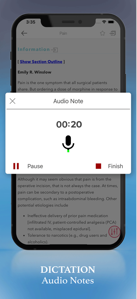 Washington Manual - Surgery - Pantalla de dictado de notas de audio de la aplicación Washington Manual Surgery