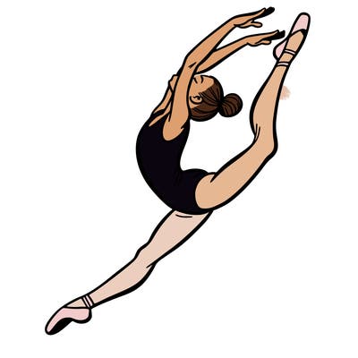 gymnast doing a leap in a leotard with a bent back leg