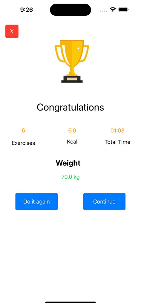 Dumbbell Home Workout Plan - Pantalla de felicitación que muestra estadísticas del entrenamiento, como calorías quemadas y tiempo empleado.