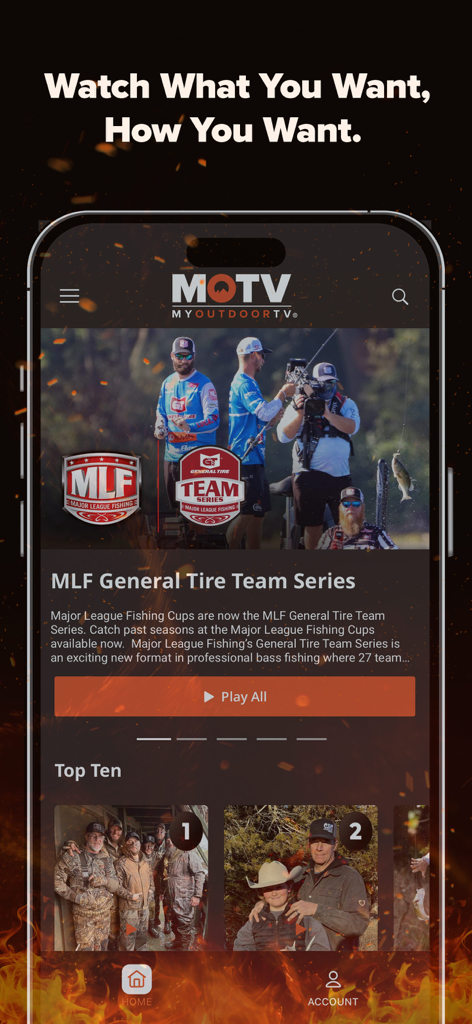 MyOutdoorTV mobile app home screen showing fishing and hunting video content