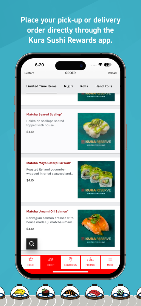 Kura Sushi Rewards - Pantalla móvil que muestra el menú de pedidos en línea de la aplicación Kura Sushi Rewards con varios platos de sushi