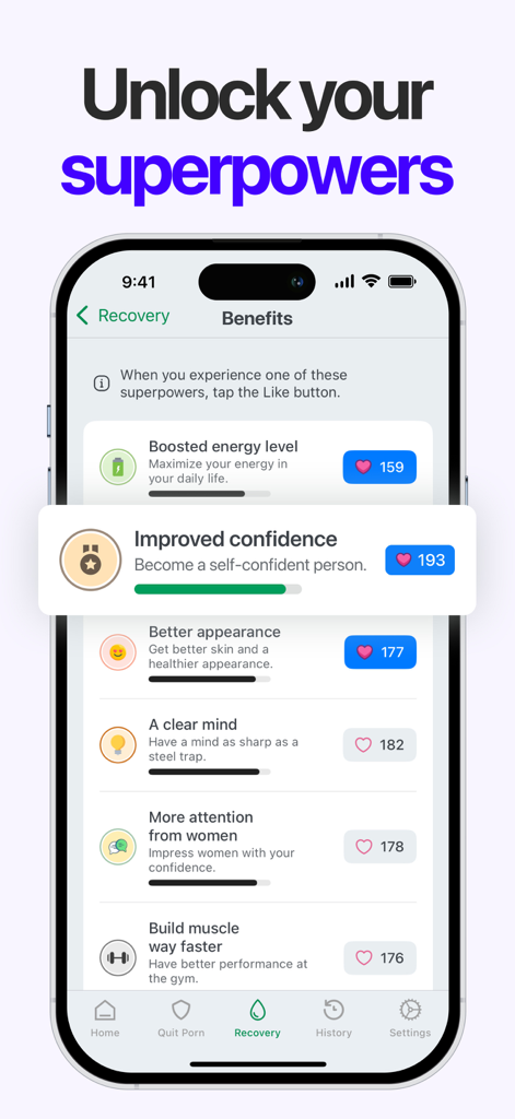 No Nut: Quit Porn Addiction - Screenshot of the No Nut app displaying recovery benefits like improved confidence and boosted energy