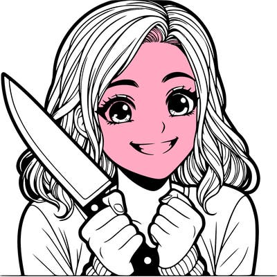 a realistic girl holding a knife and grinning