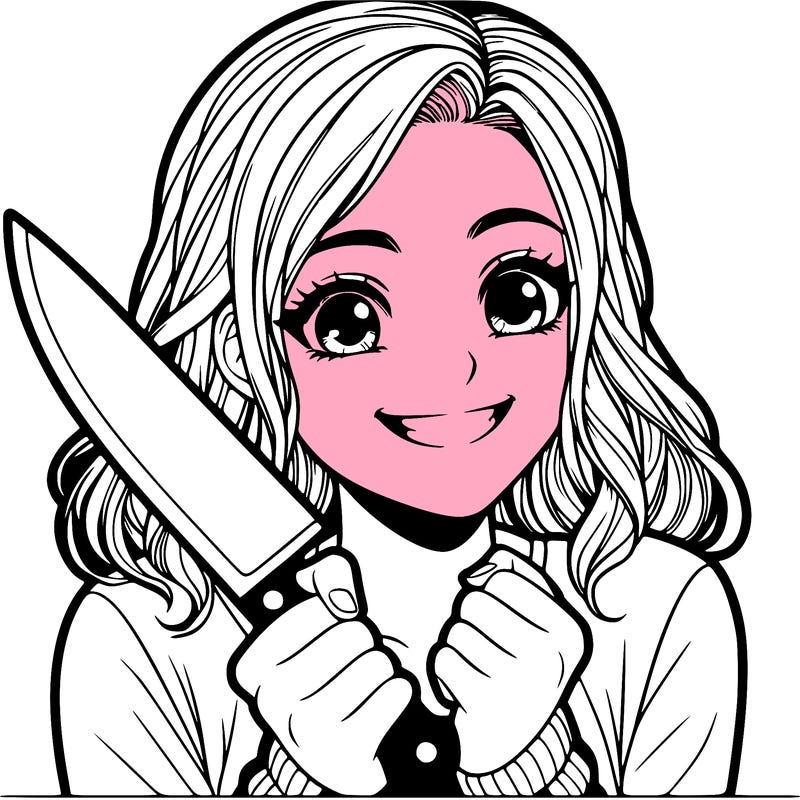 a realistic girl holding a knife and grinning
