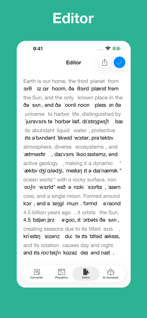 Text editor interface of English to Phonetics Converter app showing IPA transcription for a paragraph about Earth.
