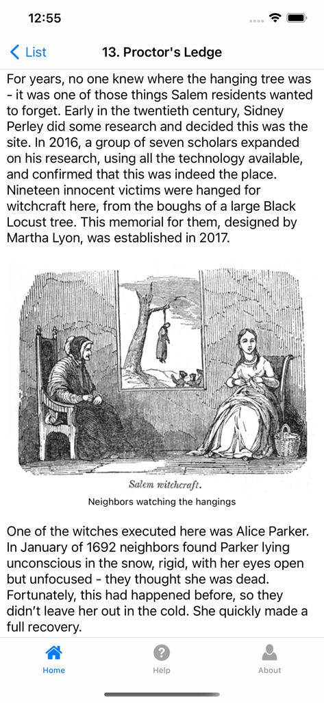 Salem Witches Tour - Historical information and illustration of Proctors Ledge in the Salem Witches Tour app