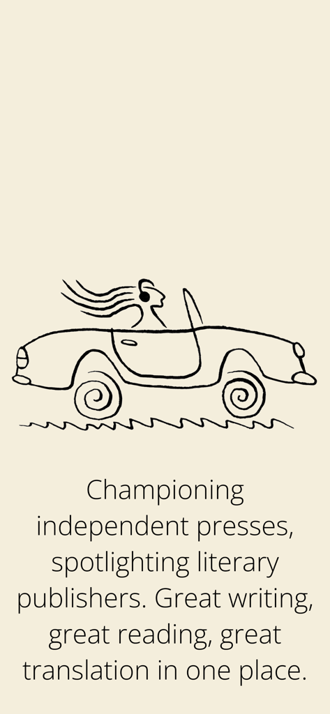 Spiracle Player - A line drawing of a person in a car with headphones above text about independent literary publishers