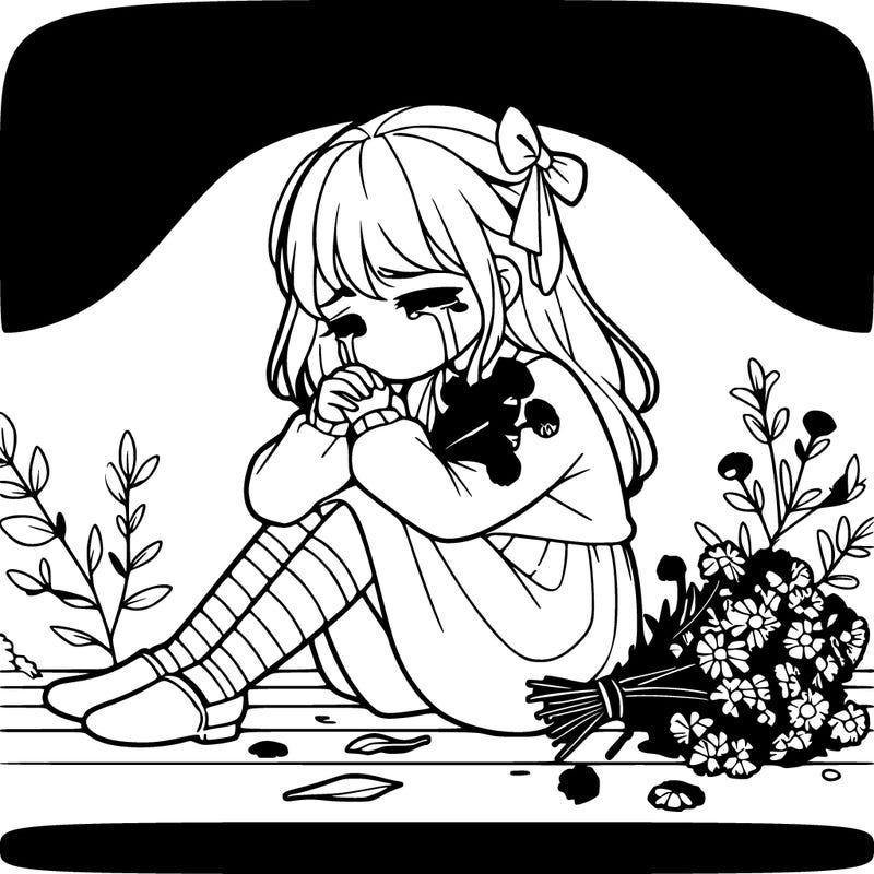 gurl with flowers in hand, crying a little bit looking down at her feet the flowers are wilted