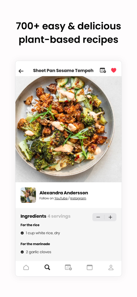 Ein Screenshot der Fivesec Health App mit einem pflanzlichen Rezept für Sesam-Tempeh vom Blech mit Zutaten und Optionen für die Portionsgröße.