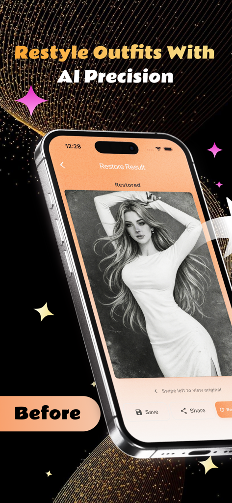 A smartphone showing the Nexary app interface with a restored black and white photo of a woman in a long white dress