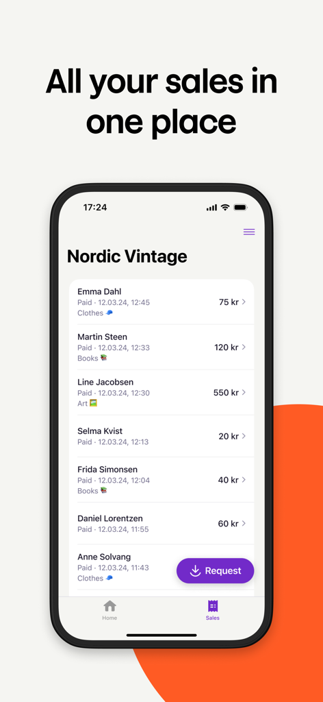Get paid - by Vipps MobilePay - A smartphone displaying the Get Paid app sales screen with a transaction history for Nordic Vintage.