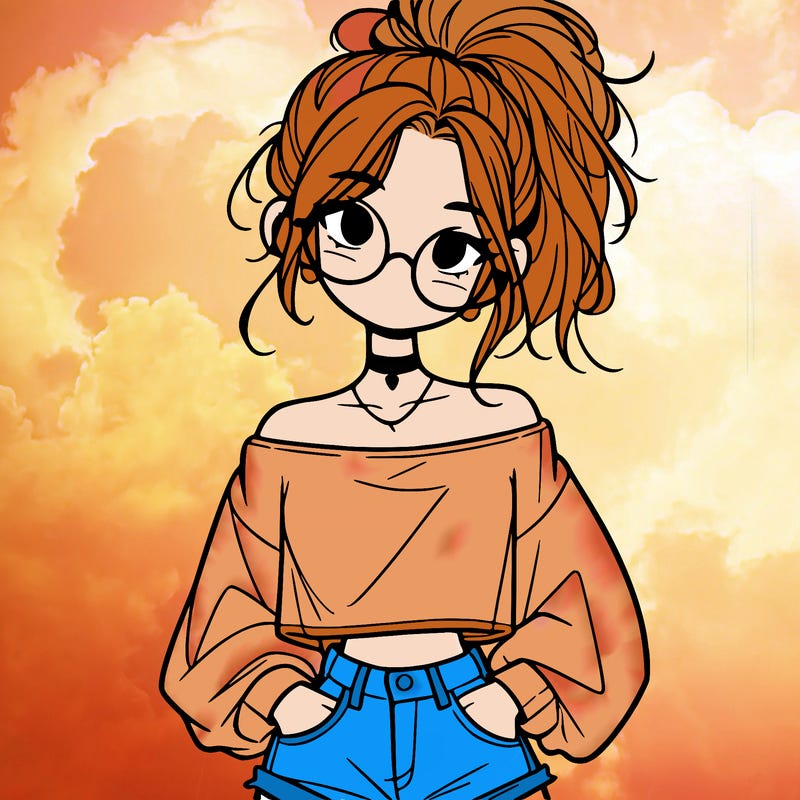 girl with a messy ponytail glasses a baggy crop top and jean shorts