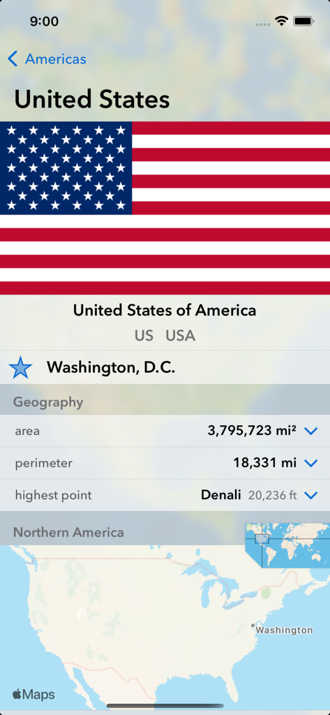 Screenshot del profilo degli Stati Uniti nell'app Geography EDU che mostra la bandiera, la capitale e i dati geografici