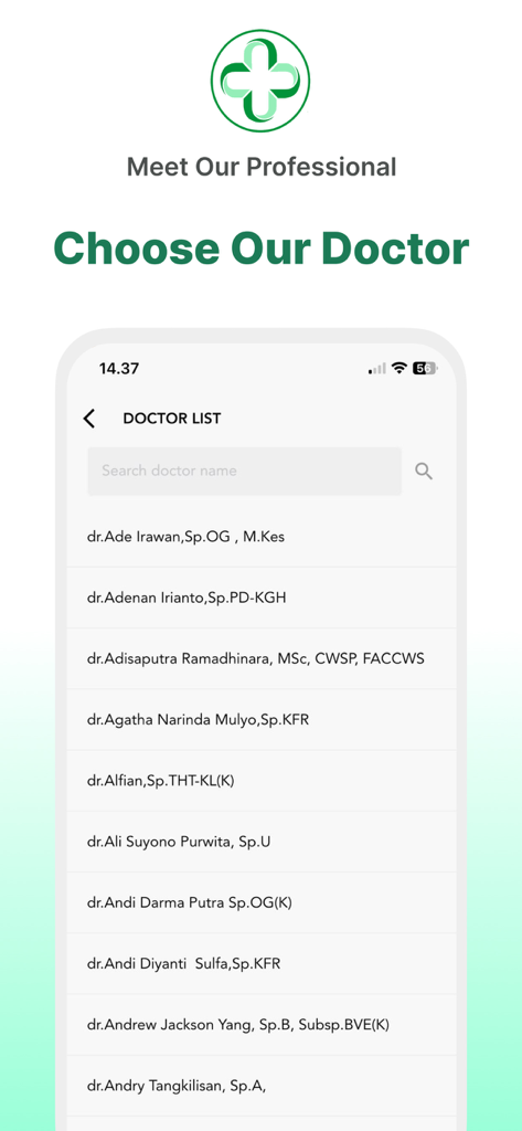 MyRSPIK - A list of medical professionals on the MyRSPIK app for browsing and selecting doctors.
