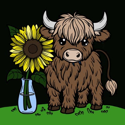 a highland cow with sunflower