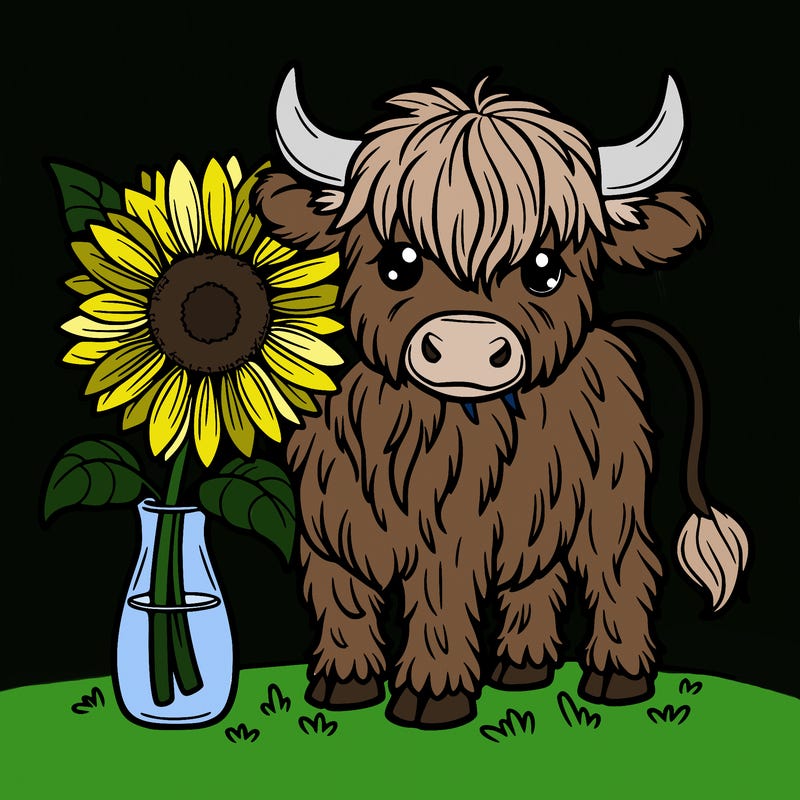 a highland cow with sunflower