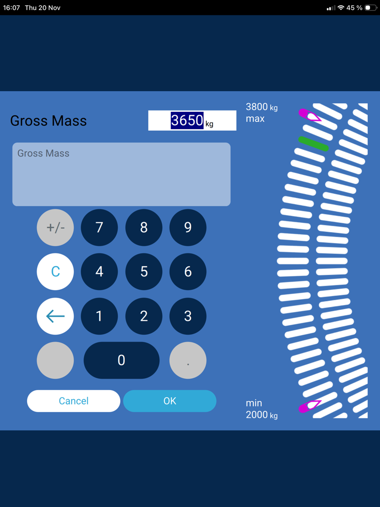 Gross mass calculation screen for Airbus H145 helicopter with numeric keypad and weight range scale