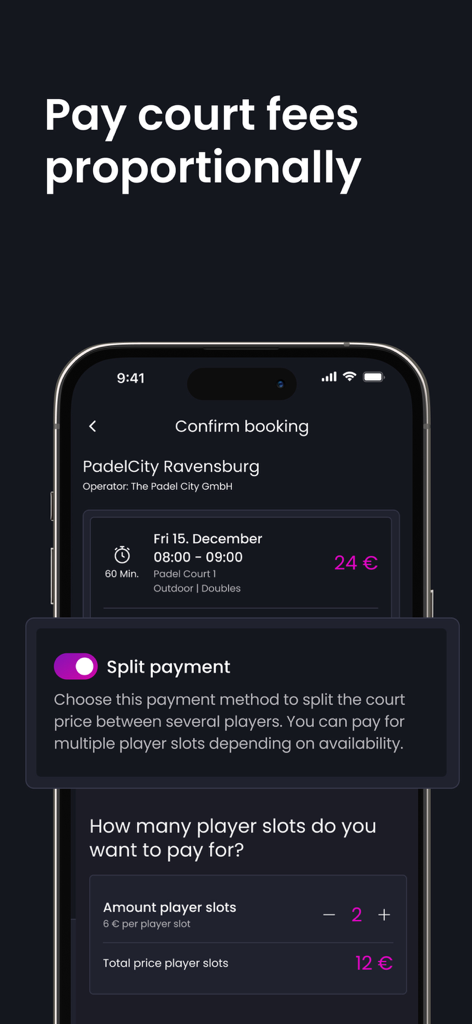 PadelCity – Book Padel Now - Schermata dell'app mobile che mostra la funzione di pagamento diviso per la condivisione delle spese del campo tra i giocatori nell'app PadelCity.