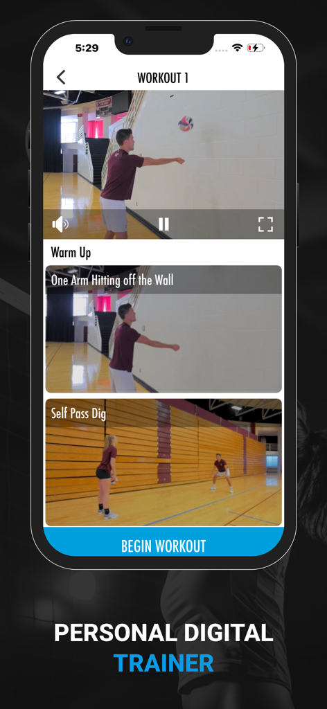 Volleyball Training Workouts - Tela do aplicativo Treinos de Voleibol mostrando vídeos instrutivos para exercícios de ataque e defesa