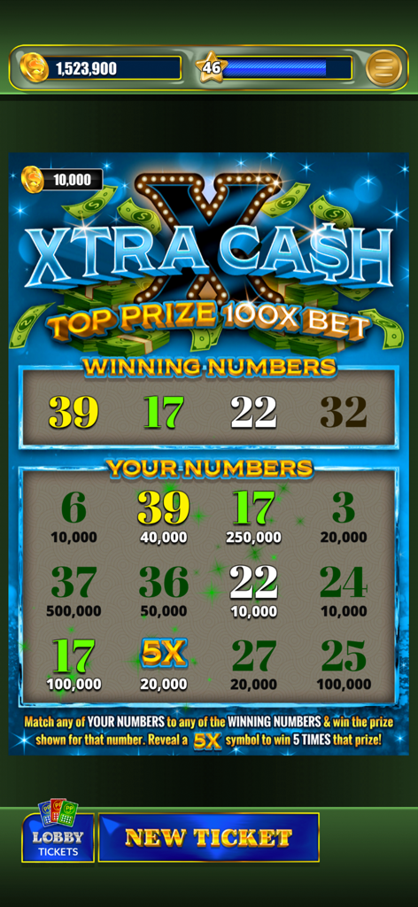 Lottery Scratchers - Screenshot of the XTRA CASH digital scratcher ticket showing winning number matches and a multiplier
