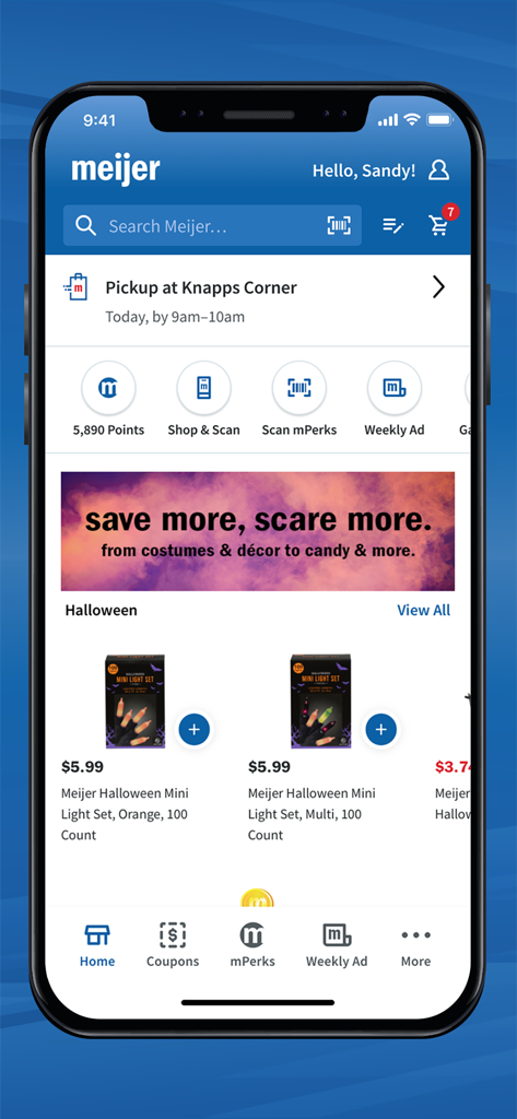 Meijer mobile app home screen showing grocery pickup options and mPerks rewards