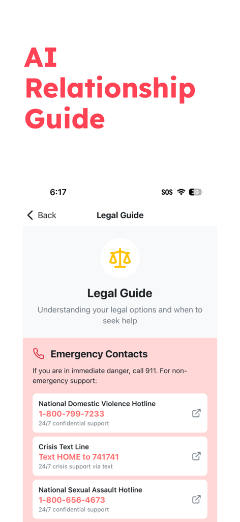 RedFlagAI - RedFlagAIアプリの法的ガイドページで、National Domestic Violence Hotline、Crisis Text Line、National Sexual Assault Hotlineの緊急連絡先番号を示すスクリーンショット。