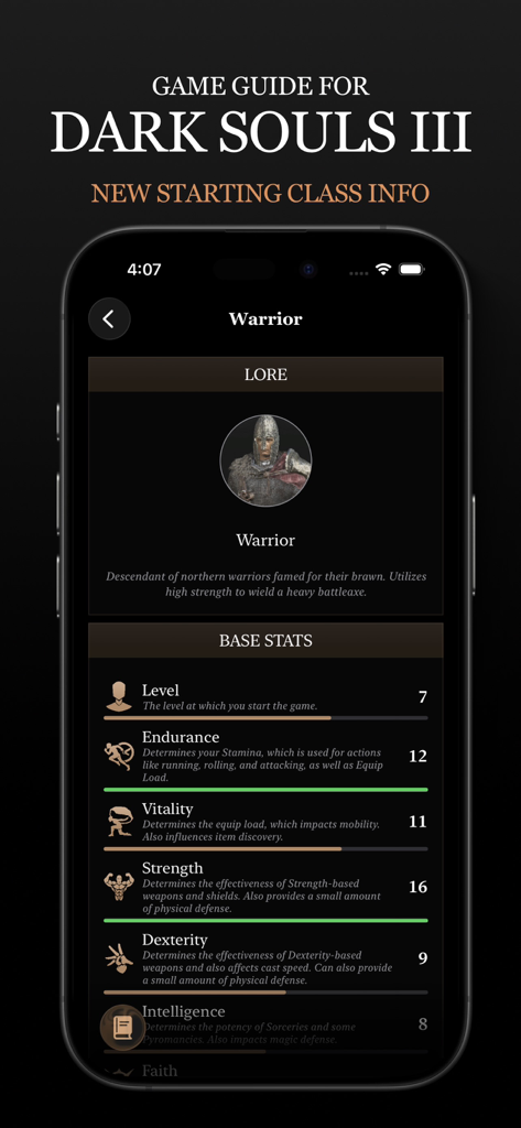 Game Guide for Dark Souls III - Dark Souls III game guide app showing the Warrior starting class lore and base stats