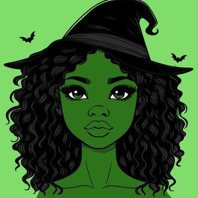 realistic black girl with wavy hair and witch hat and nose and lips