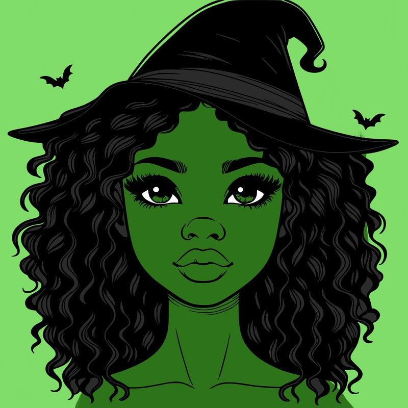 realistic black girl with wavy hair and witch hat and nose and lips