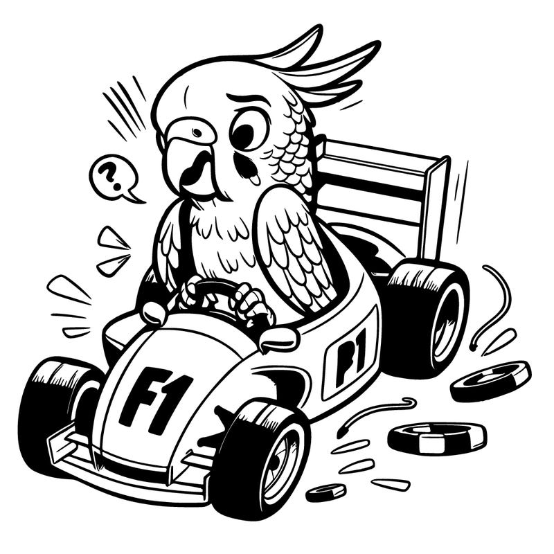 a parakeet in an f1 race car upset that his engine gave out