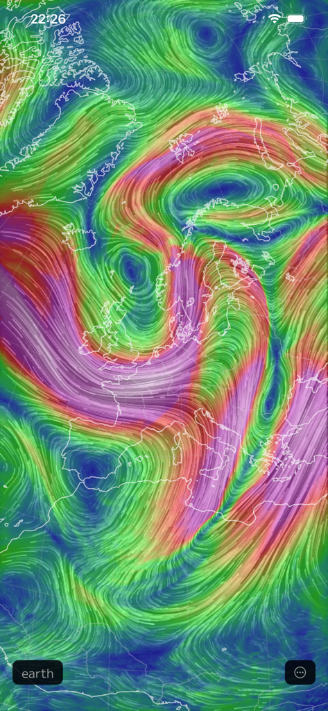 Animated global wind and weather map visualization over Europe on the Nullschool app