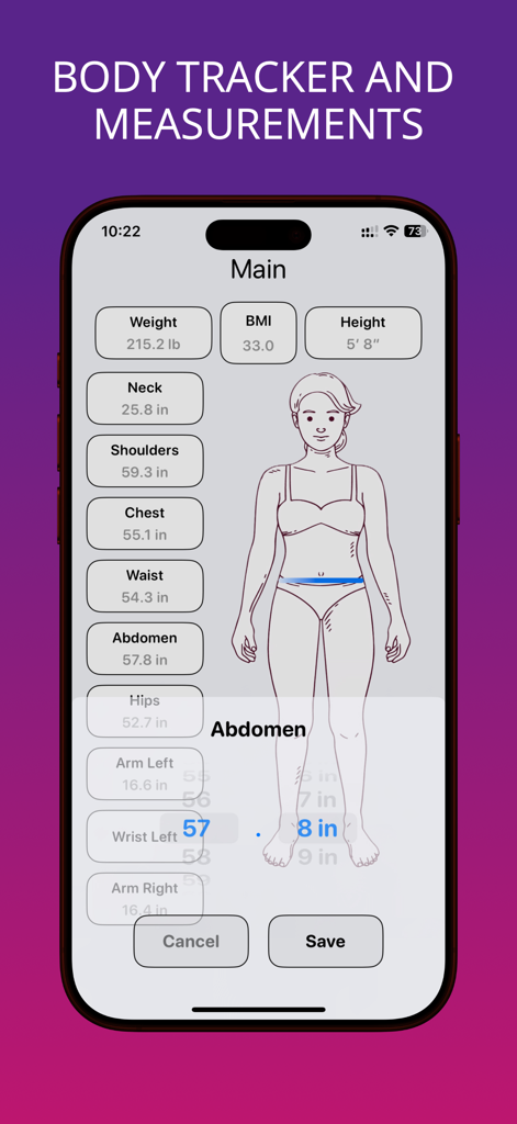Body Tracker & Measurements - App interface for tracking body measurements including weight waist and abdomen