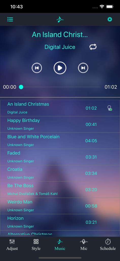 LotusLanternX app music player interface for syncing LED lights to song rhythms