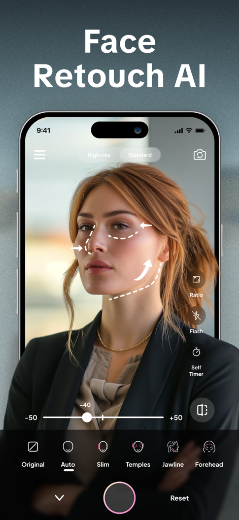 Photo Editor AI - Edit Photos - Interfaz de una aplicación móvil mostrando herramientas de retoque facial con IA y funciones de modelado en un retrato de mujer